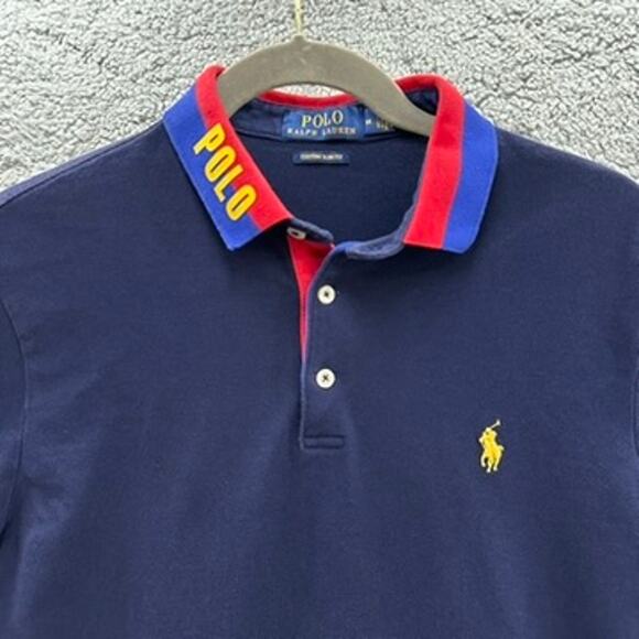 Polo Ralph Lauren Men's Medium Slim Fit Blue Polo Yellow Pony Colorful Collar 99 - Picture 2 of 9